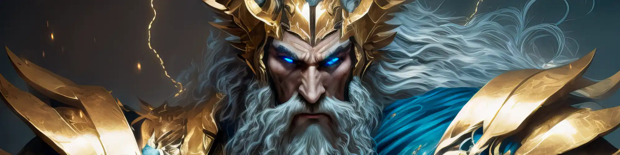 Zeus-like figure with glowing blue eyes and golden armor.